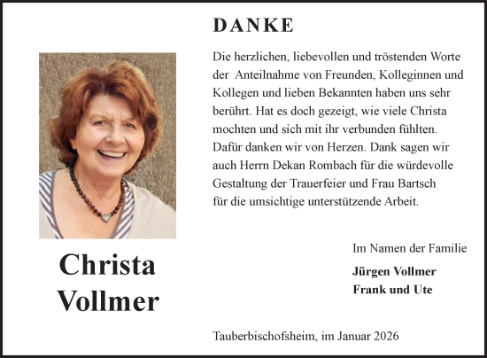 Traueranzeige von Christa Vollmer von Fränkische Nachrichten