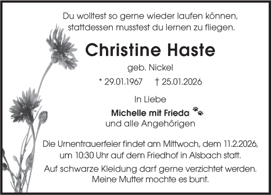 Traueranzeige von Christine Haste von Bergsträßer Anzeiger