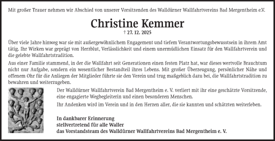 Traueranzeige von Christine Kemmer von Fränkische Nachrichten