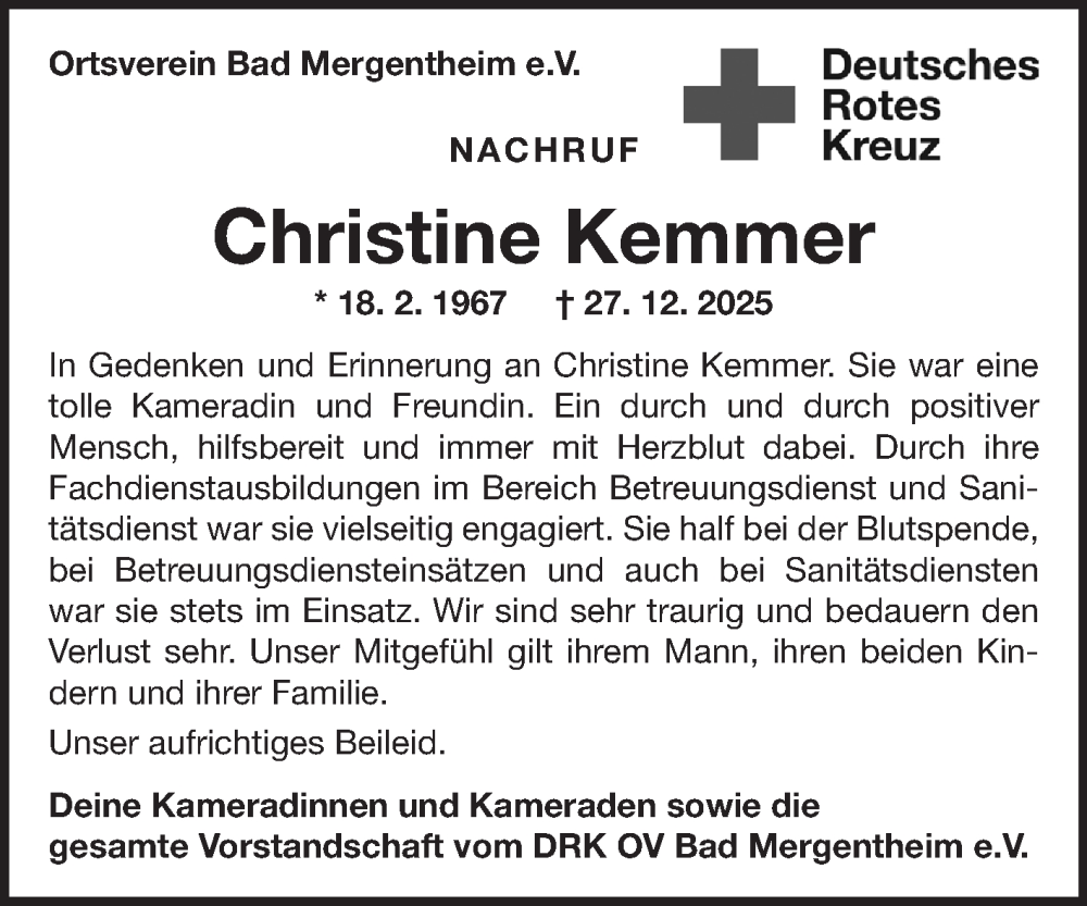  Traueranzeige für Christine Kemmer vom 10.01.2026 aus Fränkische Nachrichten