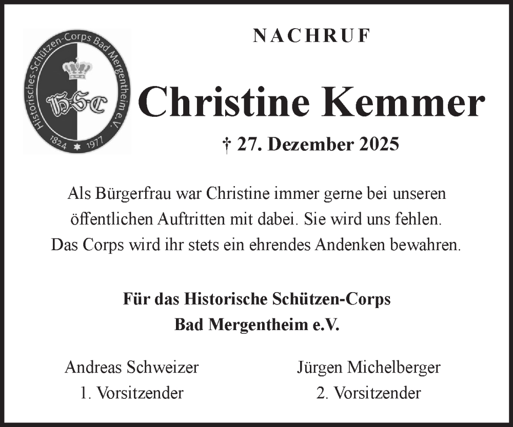  Traueranzeige für Christine Kemmer vom 07.01.2026 aus Fränkische Nachrichten