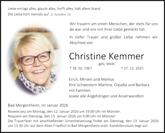 Traueranzeige von Christine Kemmer von Fränkische Nachrichten