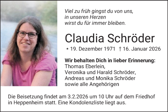 Traueranzeige von Claudia Schröder von Bergsträßer Anzeiger