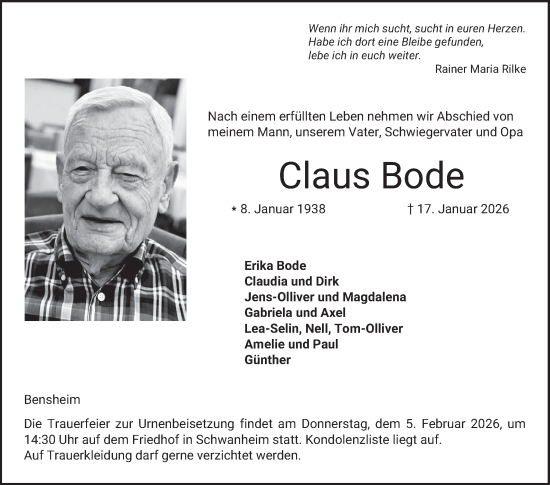 Traueranzeige von Claus Bode von Bergsträßer Anzeiger