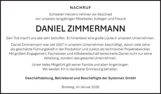 Traueranzeige von Daniel Zimmermann von Fränkische Nachrichten