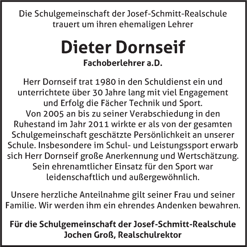  Traueranzeige für Dieter Dornseif vom 03.01.2026 aus Fränkische Nachrichten