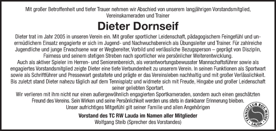 Traueranzeige von Dieter Dornseif von Fränkische Nachrichten