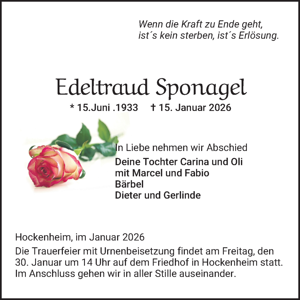  Traueranzeige für Edeltraud Sponagel vom 24.01.2026 aus Schwetzinger Zeitung