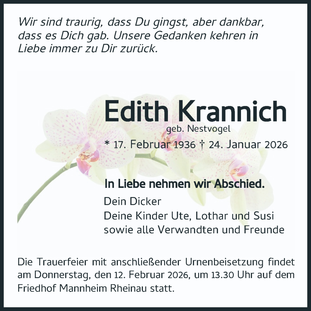  Traueranzeige für Edith Krannich vom 31.01.2026 aus Mannheimer Morgen