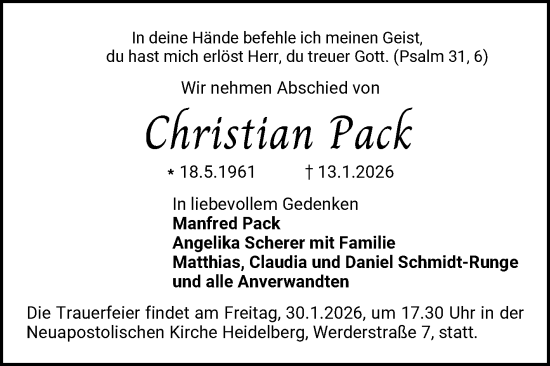 Traueranzeige von Christian Pack von Bergsträßer Anzeiger