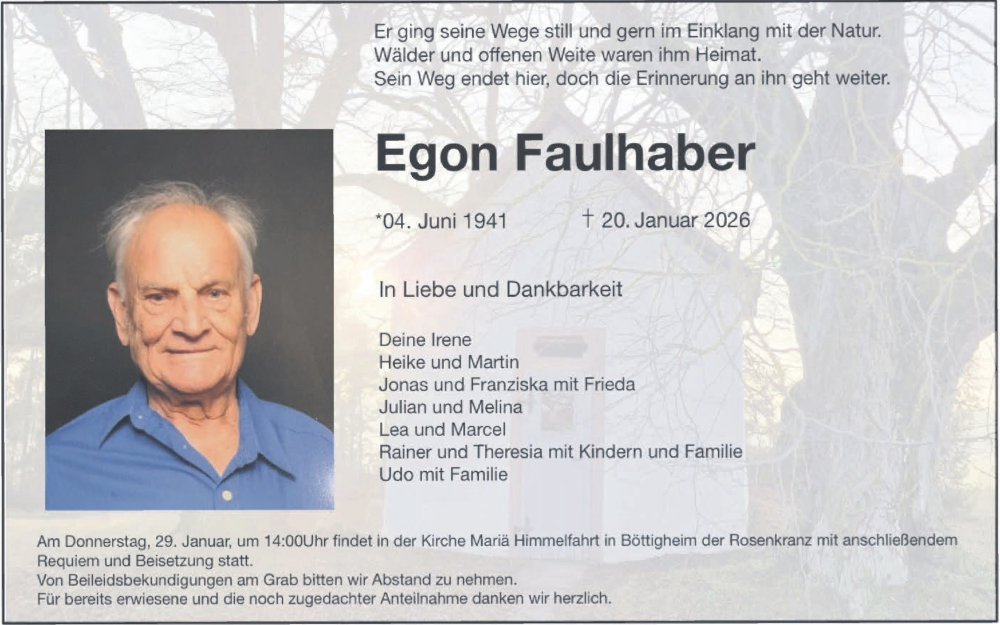  Traueranzeige für Egon Faulhaber vom 24.01.2026 aus Fränkische Nachrichten