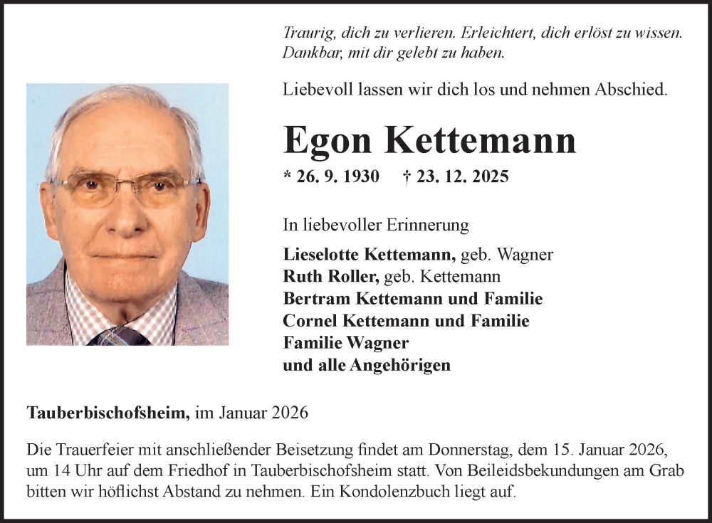  Traueranzeige für Egon Kettemann vom 10.01.2026 aus Fränkische Nachrichten
