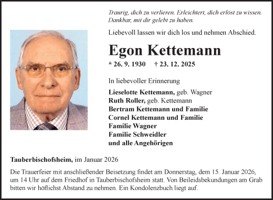 Traueranzeige von Egon Kettemann von Fränkische Nachrichten
