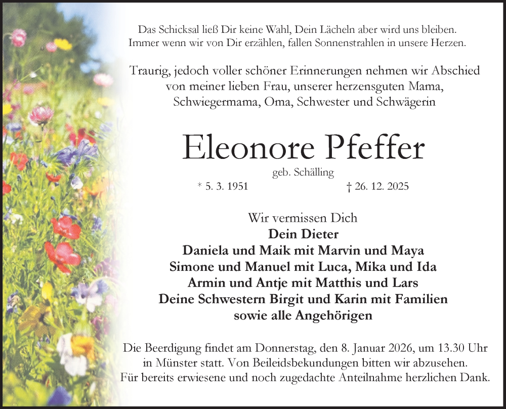  Traueranzeige für Eleonore Pfeffer vom 05.01.2026 aus Fränkische Nachrichten