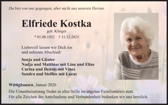 Traueranzeige von Elfriede Kostka von Fränkische Nachrichten