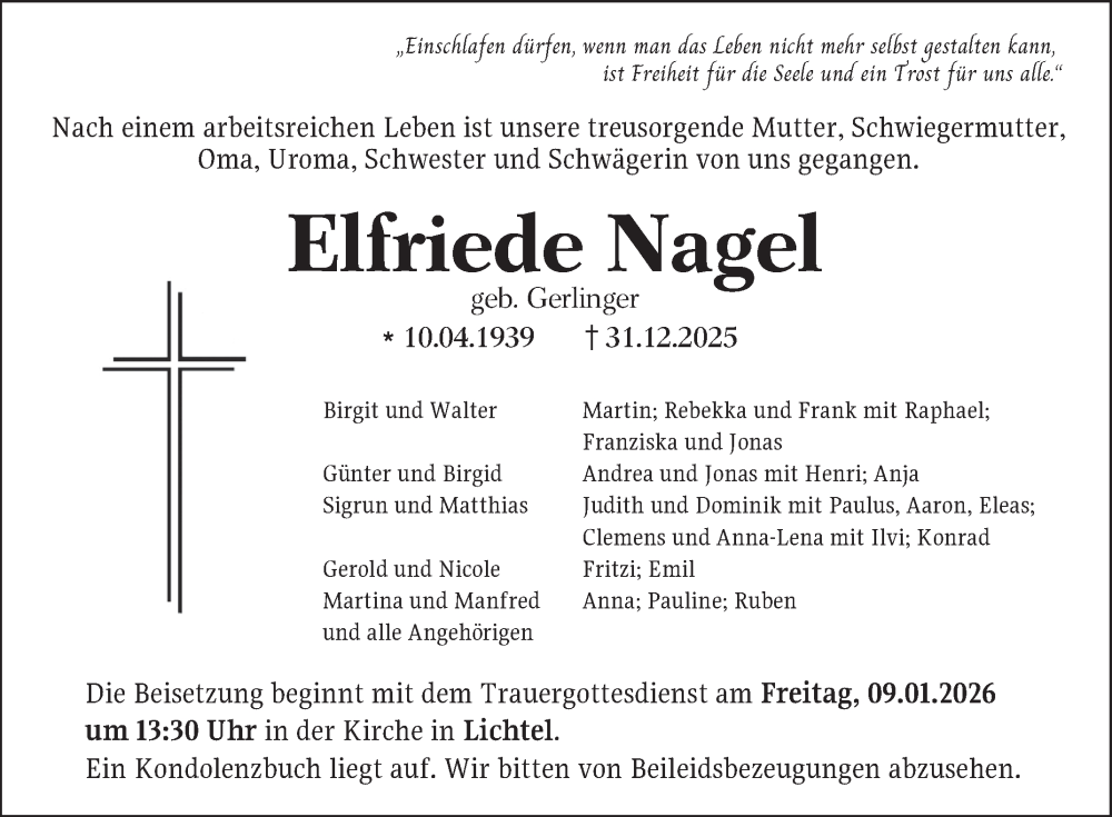  Traueranzeige für Elfriede Nagel vom 07.01.2026 aus Fränkische Nachrichten