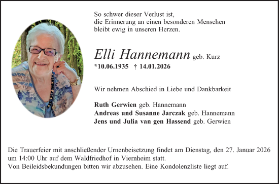 Traueranzeige von Elli Hannemann von Mannheimer Morgen