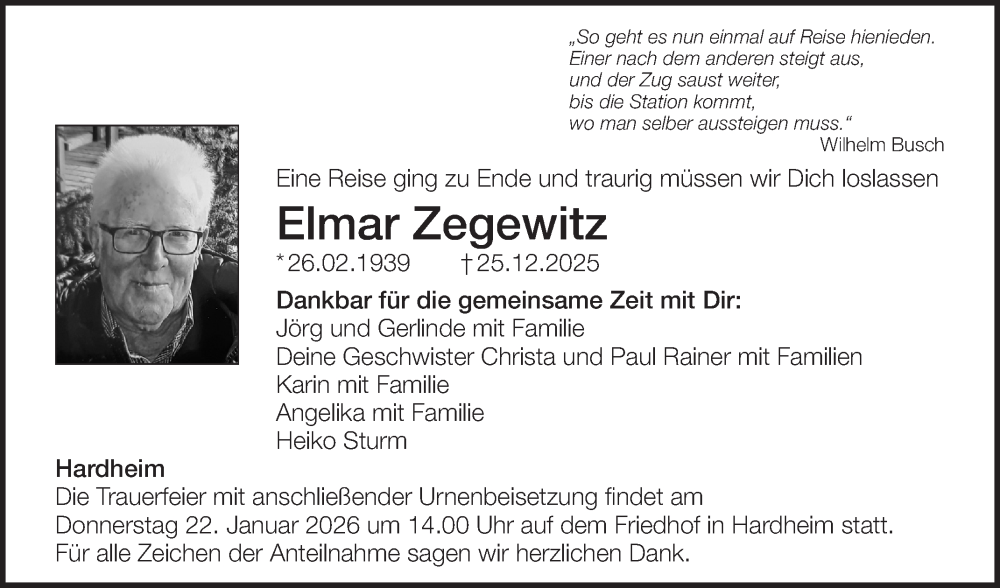  Traueranzeige für Elmar Zegewitz vom 16.01.2026 aus Fränkische Nachrichten
