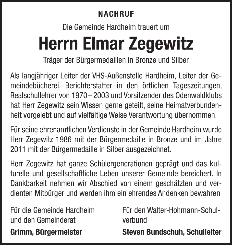  Traueranzeige für Elmar Zegewitz vom 16.01.2026 aus Fränkische Nachrichten