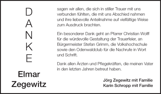 Traueranzeige von Elmar Zegewitz von Fränkische Nachrichten