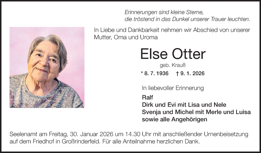  Traueranzeige für Else Otter vom 24.01.2026 aus Fränkische Nachrichten
