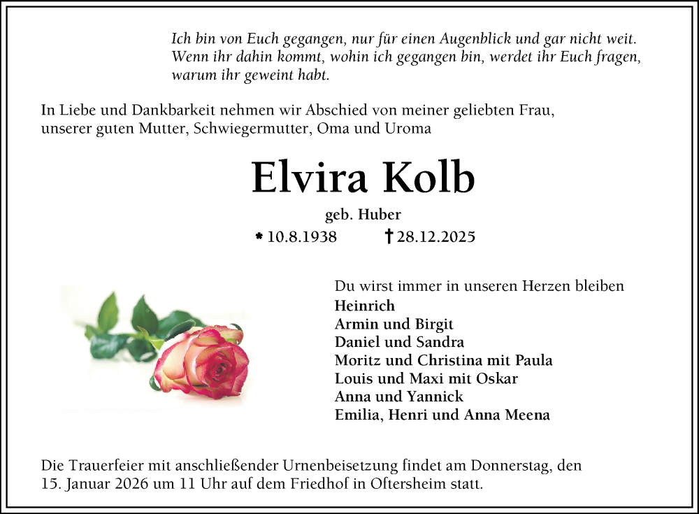  Traueranzeige für Elvira Kolb vom 12.01.2026 aus 
