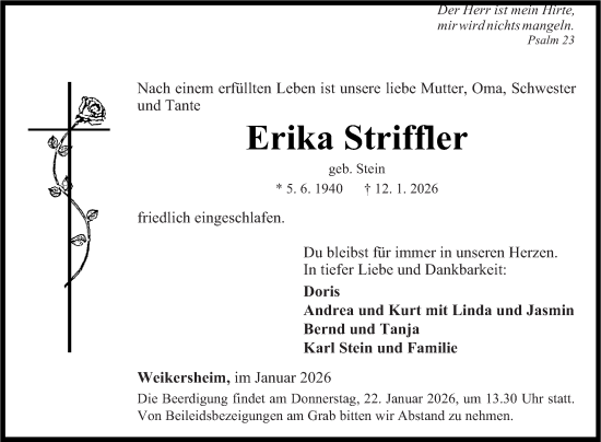 Traueranzeige von Erika Striffler von Fränkische Nachrichten