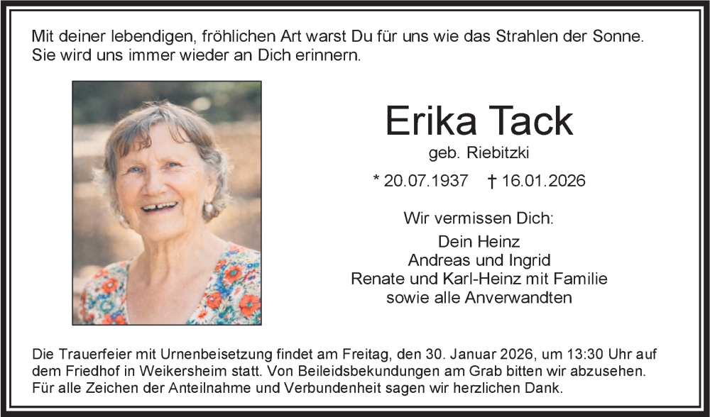  Traueranzeige für Erika Tack vom 27.01.2026 aus Fränkische Nachrichten