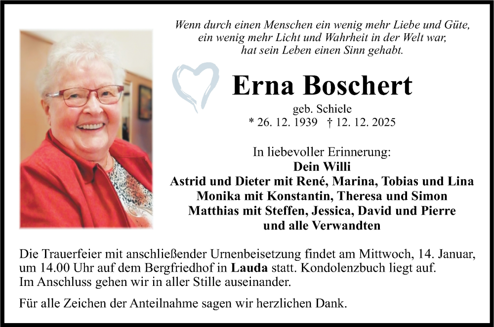  Traueranzeige für Erna Boschert vom 08.01.2026 aus Fränkische Nachrichten