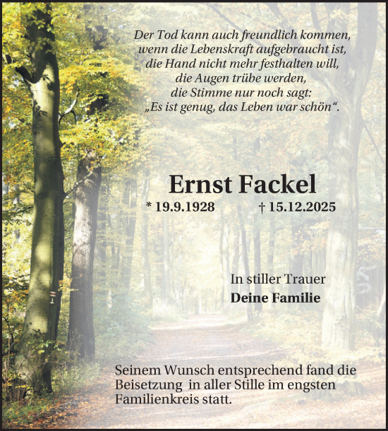 Traueranzeige von Ernst Fackel von Schwetzinger Zeitung