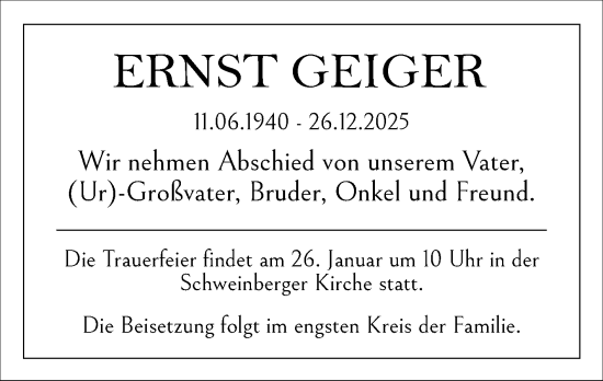 Traueranzeige von Ernst Geiger von Fränkische Nachrichten