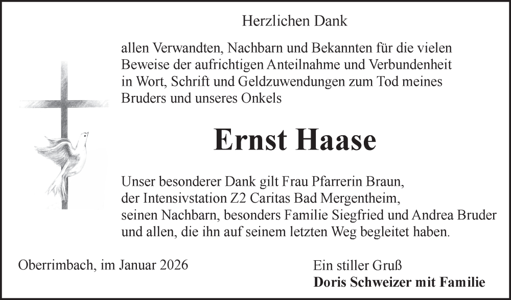 Traueranzeige für Ernst Haase vom 24.01.2026 aus Fränkische Nachrichten