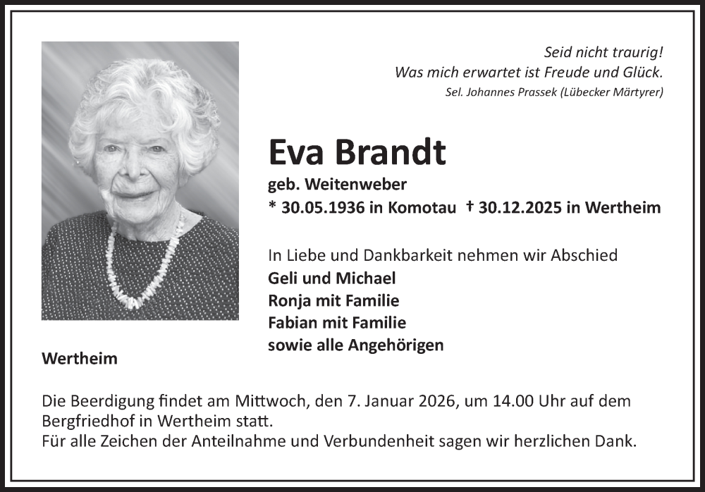  Traueranzeige für Eva Brandt vom 03.01.2026 aus Fränkische Nachrichten