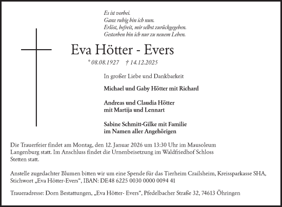 Traueranzeige von Eva Hötter-Evers von Fränkische Nachrichten
