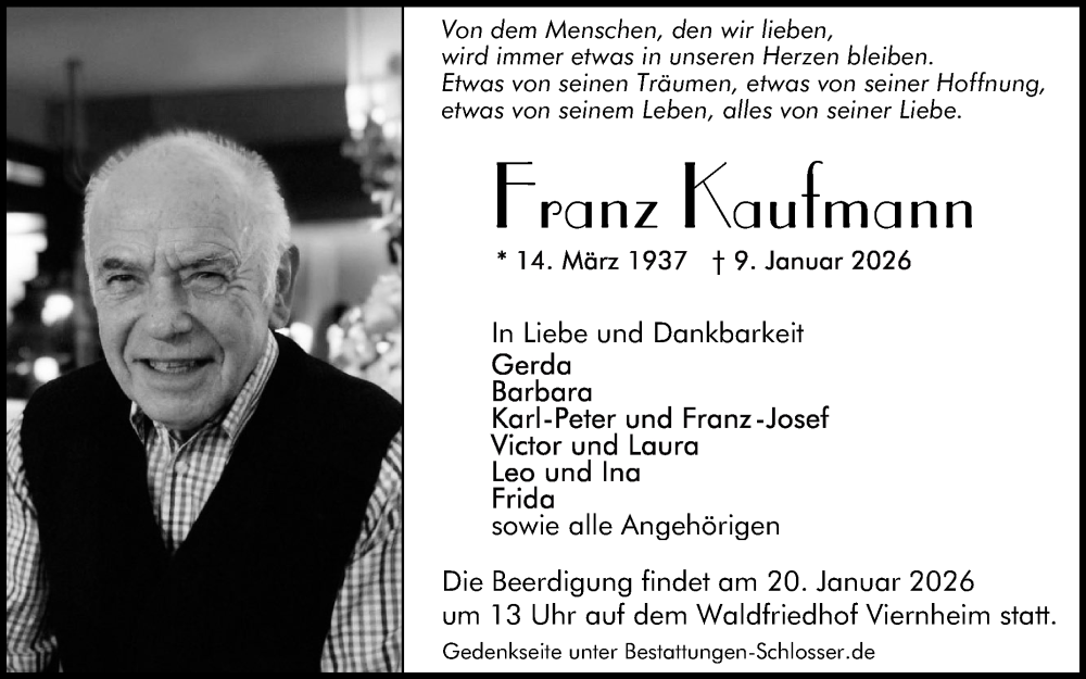  Traueranzeige für Franz Kaufmann vom 17.01.2026 aus Mannheimer Morgen