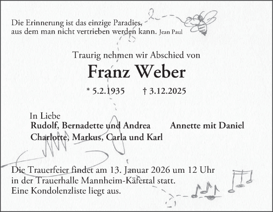 Traueranzeige von Franz Weber von Mannheimer Morgen