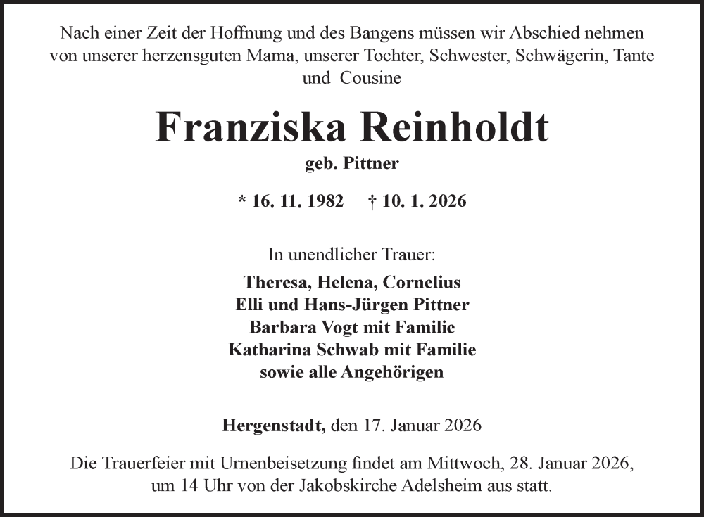  Traueranzeige für Franziska Reinholdt vom 17.01.2026 aus Fränkische Nachrichten