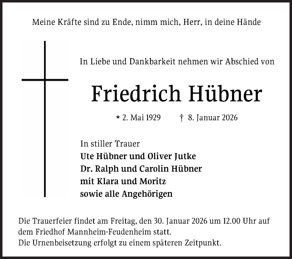  Traueranzeige für Friedrich Hübner vom 24.01.2026 aus Mannheimer Morgen