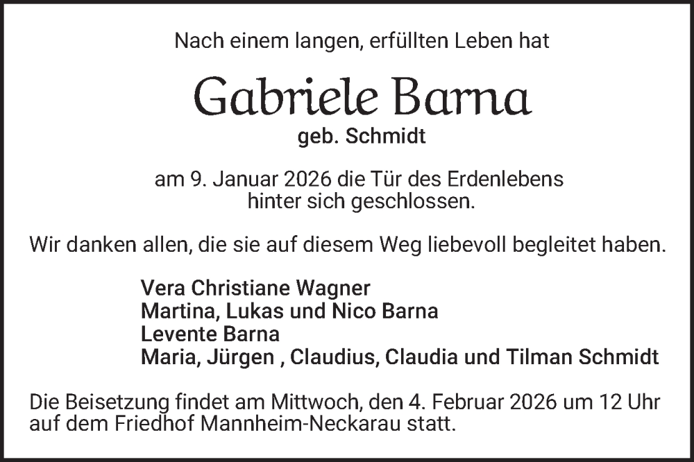  Traueranzeige für Gabriele Barna vom 24.01.2026 aus Mannheimer Morgen