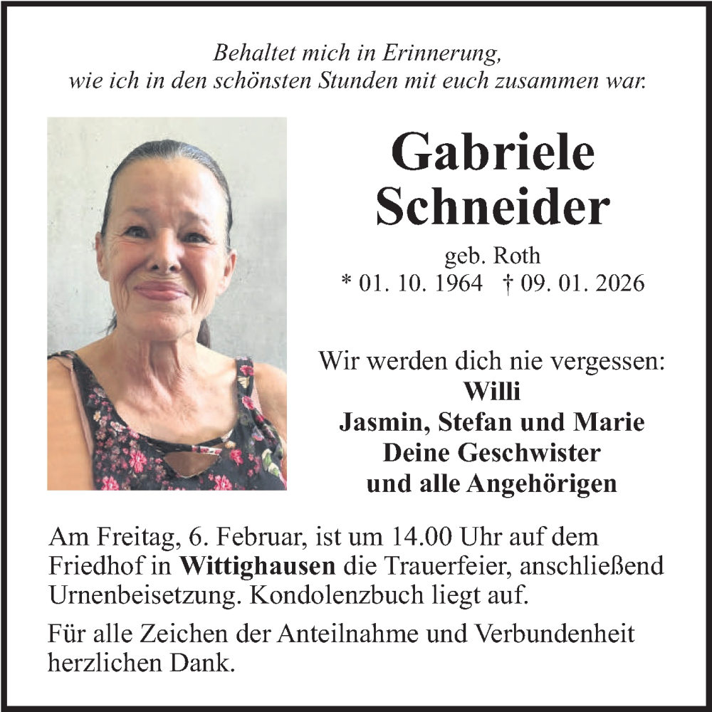  Traueranzeige für Gabriele Schneider vom 31.01.2026 aus Fränkische Nachrichten