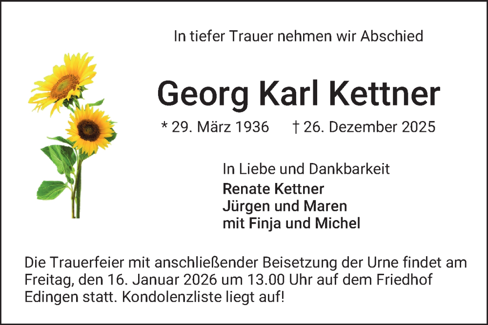  Traueranzeige für Georg Karl Kettner vom 10.01.2026 aus Mannheimer Morgen
