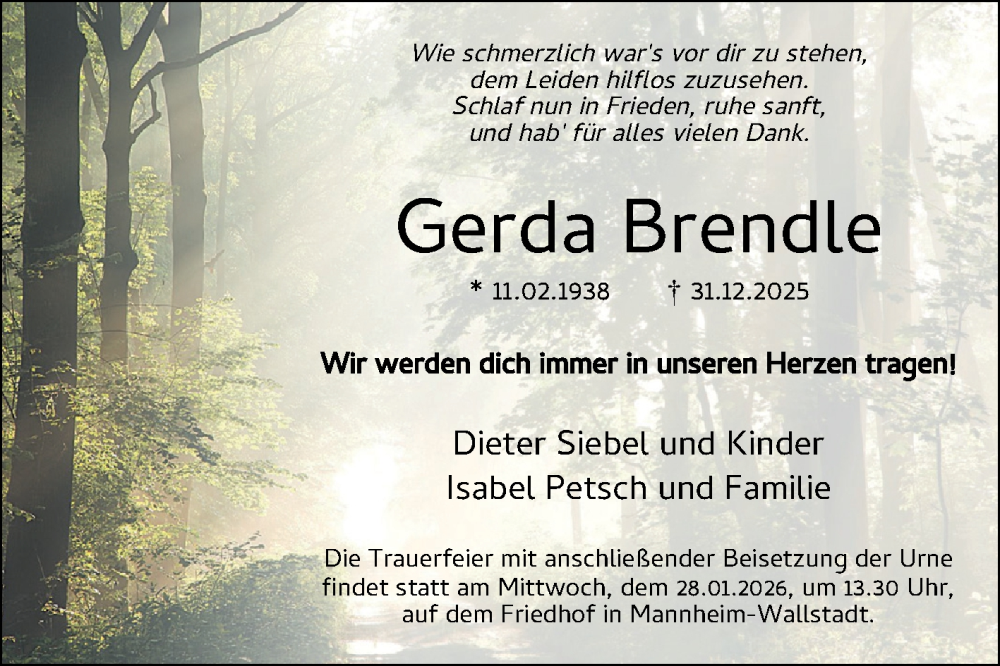  Traueranzeige für Gerda Brendle vom 17.01.2026 aus Mannheimer Morgen