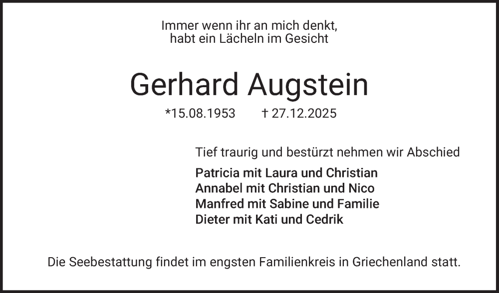  Traueranzeige für Gerhard Augstein vom 10.01.2026 aus Mannheimer Morgen