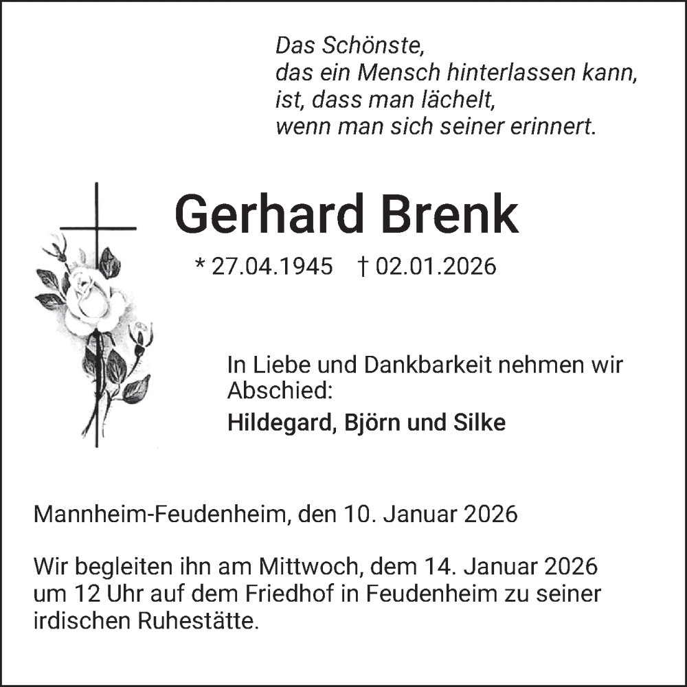  Traueranzeige für Gerhard Brenk vom 10.01.2026 aus Mannheimer Morgen