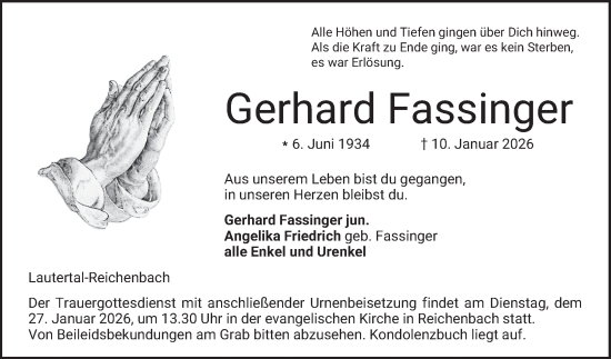 Traueranzeige von Gerhard Fassinger von Bergsträßer Anzeiger