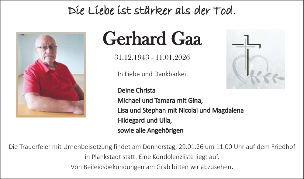 Traueranzeige für Gerhard Gaa vom 24.01.2026 aus Schwetzinger Zeitung