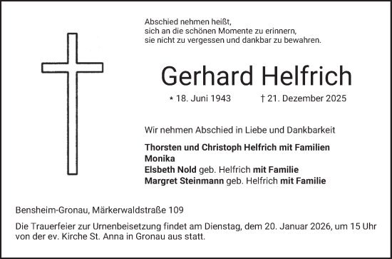 Traueranzeige von Gerhard Helfrich von Bergsträßer Anzeiger
