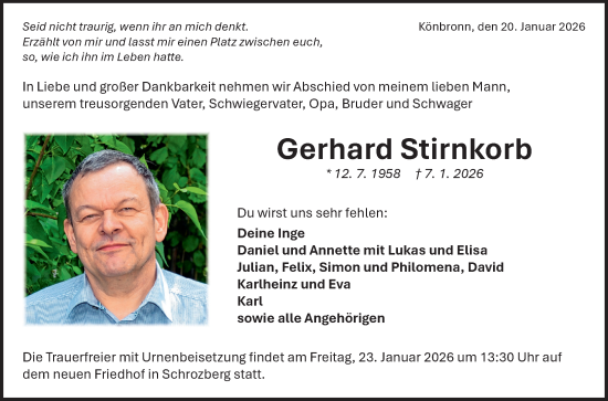 Traueranzeige von Gerhard Stirnkorb von Fränkische Nachrichten