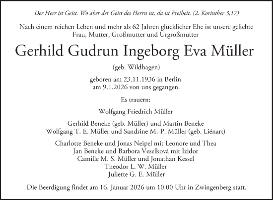 Traueranzeige von Gerhild Gudrun Ingeborg Eva Müller von Bergsträßer Anzeiger