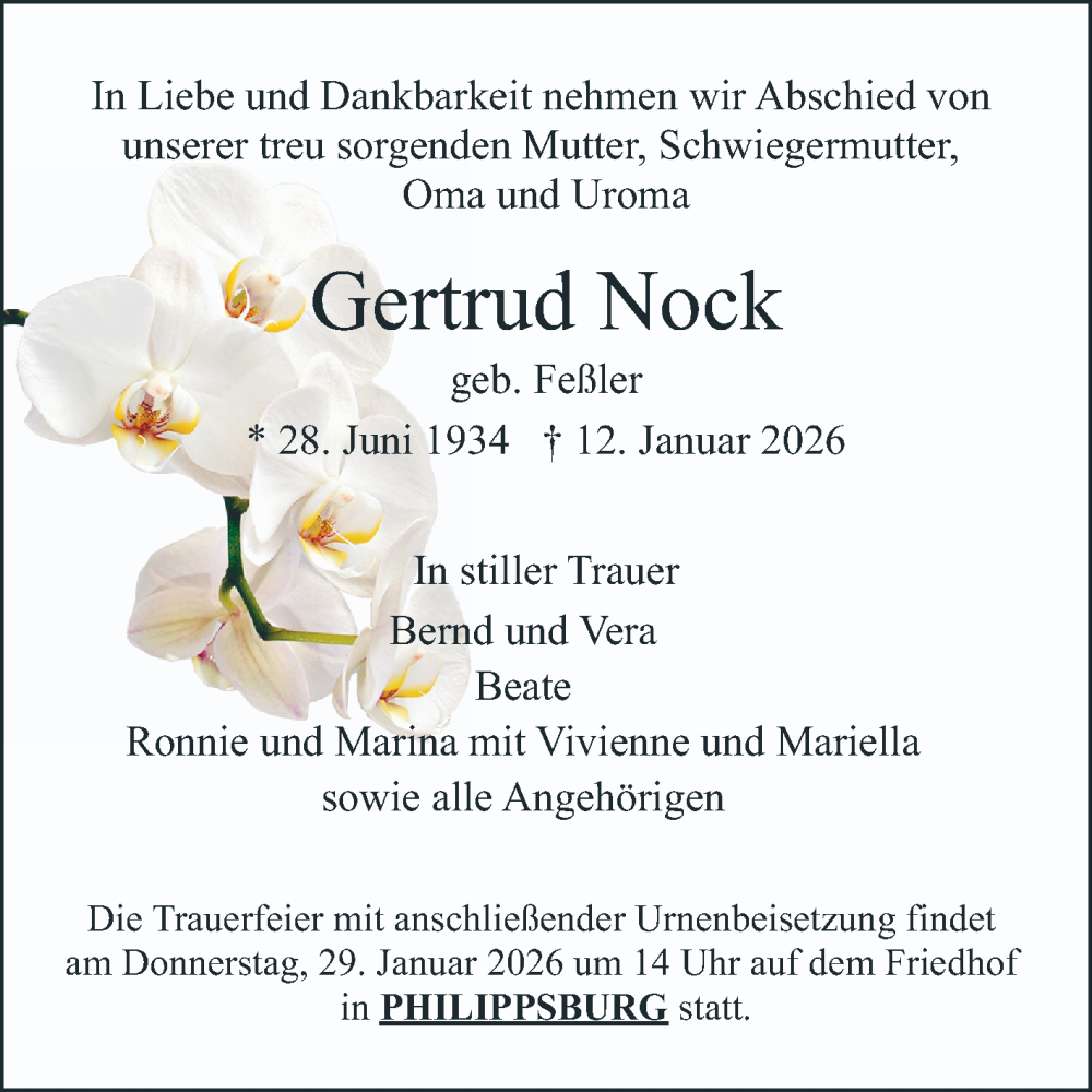  Traueranzeige für Gertrud Nock vom 24.01.2026 aus Schwetzinger Zeitung